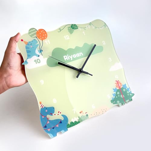 Image of Zooboo Personalized Analog Wall Clock, Custom Name Acrylic Silent Quartz Movement Wall Clock with Sleek Modern Design, Ideal for Birthdays or Return Gifts (Design - Dino Party), 30x30 cm, Multicolor