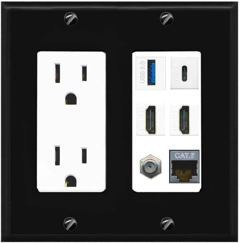 RiteAV USB 3 USB C 2 HDMI Coax Cat7 Wall Plate - Outlet [Wood/White]