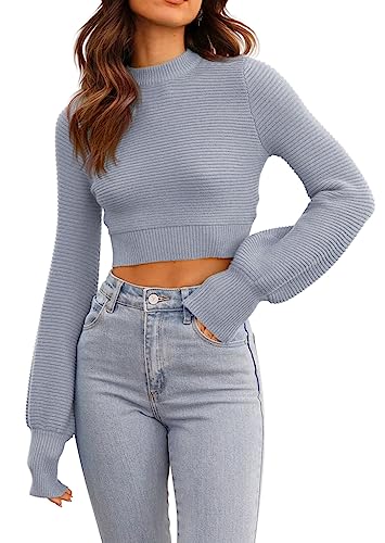 Image of Womens Sexy Crew Neck Cropped Sweaters Knit Long Sleeve Crop Tops Pullover | Ribbed Knit, Long Sleeve, Crop Tops, Pullover,Crew Neck