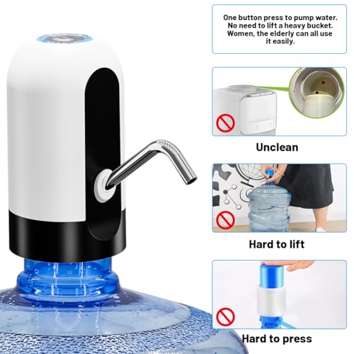 Image of Urdonda Automatic Portable Electric Drinking Water Dispenser Stainless-Steel 5 Gallon Bottle Pump with USB Charging and Switch (White)