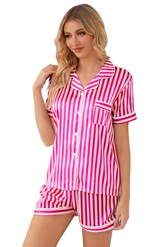 Image of Schbbbta Women Pajamas Set, 2 Pieces Satin Silk Button Down Pjs Short Sleeve Outfits Loungewear