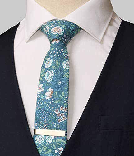 Image of Men's Skinny Tie Floral Cotton Necktie and Tie Bar Clip Sets, Great for Weddings,Groom,Groomsmen