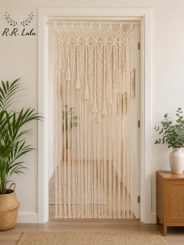 Image of Macrame Curtains |Handwoven Boho Curtains| Bohemian Curtain for Windows Door Cotton for Home | Window Doorway Backdrop Arch (Lvory H' 80x W' 40 inch 1 Peach)