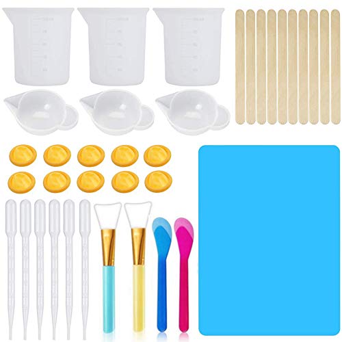 Resin Mixing Tools Kit for Resin Casting DIY Jewelry Making, Silicone Measuring Cups for Epoxy Resin?Mixing Cups, Silicone Mat?Pipettes?Stir Sticks?Finger Cots?Silicone Brushes?Mixing Spoons (Blue)