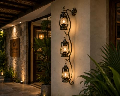 Image of Long Vintage Triple Lantern Wall Light | Antique Brass Decorative Wall Sconce | Rustic Hanging Lantern Wall Lamp | Cafe, Hotel, Farmhouse & Vintage Home Decor with Filament Bulb