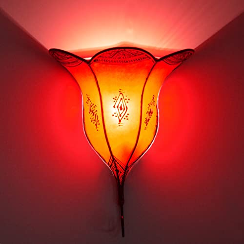 260265 Applique murale orientale d'intérieur en forme de fleur rouge 35 cm Vintage Lampe en cuir Lampe au henné marocain Armature en fer Abat-jour en cuir...