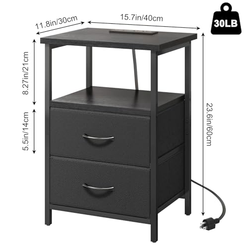 Image of Fixwal Black Night Stand with Charger Station, Nightstand with Charging Station & Fabric Drawers
