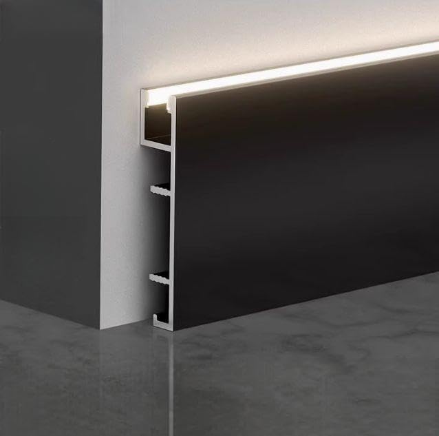 3 Pack LED Aluminum Metal Baseboard Trim 50 x 2500mm 1.97” x 8.2’ Total 24.6 ft, Matte Black LED Light Aluminum Wall Base Board Cover Molding Skirting Trim, Surface Base Mounted Up Light