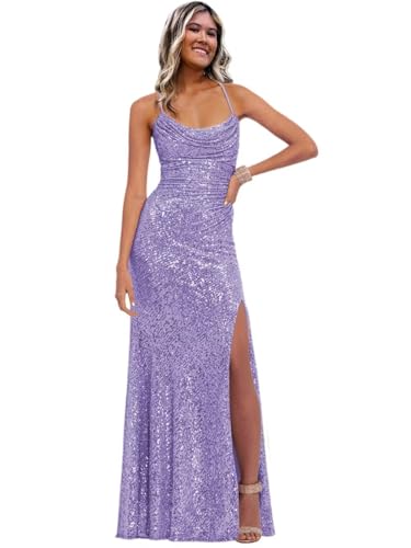 Image of Stylefun Women's Halter Mermaid Prom Dresses with Slit Long Sequin Formal Cocktail Party Dress STN027