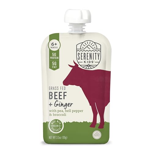 Image of Serenity Kids Baby Food Pouches, Beef & Ginger, Baby Puree, 3.5 Oz, 6 Pack | 5g Protein, No Added Sugar, Grass Fed Beef, Recyclable Baby Pouches, GMO-Free Toddler Food, Organic Baby Food, Toddler Snacks