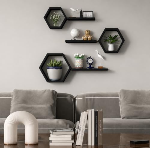 Image of Hexagon Wall Shelves Set of 6 | Wooden Floating Wall Shelf for Home Decor | Honeycomb Design Wall Rack for Living Room, Bedroom & Office (Black)