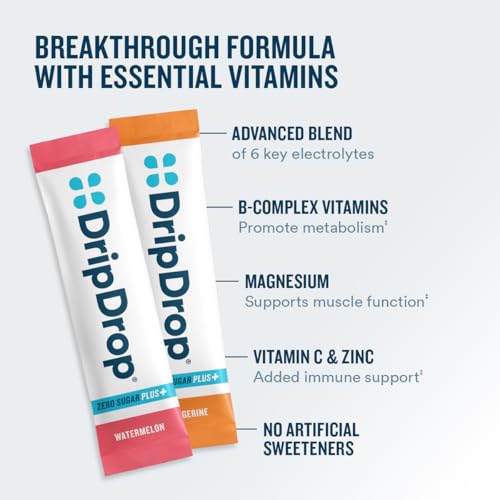 Image of DripDrop Hydration Zero Sugar Plus Electrolyte Packets, 16 Ct (Pack of 2) | Raspberry Lemonade, Watermelon, Tangerine, Tropical Punch; Sugar Free Powder Drink Mix; No Artificial Sweeteners, Low Calorie