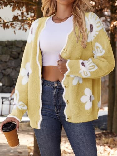 HDLTE Cardigan Sweaters for Women Chunky V-Neck Button Down Knit Fuzzy Floral Sweater 20252