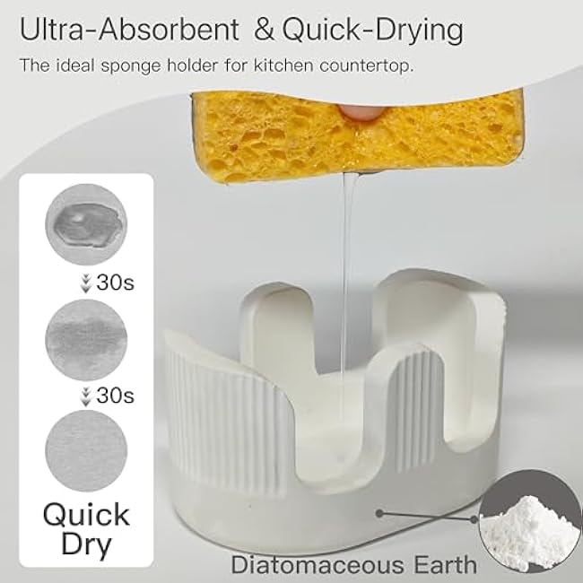 Ultra Absorbent Stone Sponge Holder for Kitchen Sink, 2 Slot Diatomite Dish Brush Sponge Holder, Diatomite Stone Sink Tray, Rustproof Sinks Caddy for Countertop, Double, White
