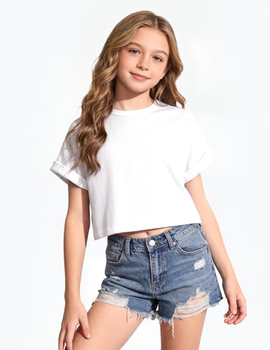 Image of Girls Crop Tops Short Sleeve T-Shirts for Girl Crew-Neck Basic Tee Size 7-14 Years