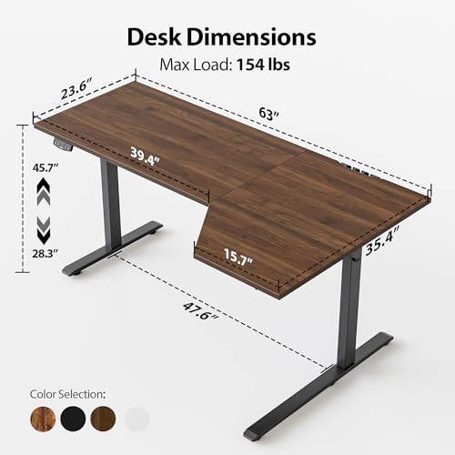 Image of Agilestic Electric Standing Desk, Height Adjustable Desk, 63 x 35 Inch Sit Stand up for Work Office Home, L Shaped Ergonomic Rising Computer Table with Memory Preset, Dark Walnut