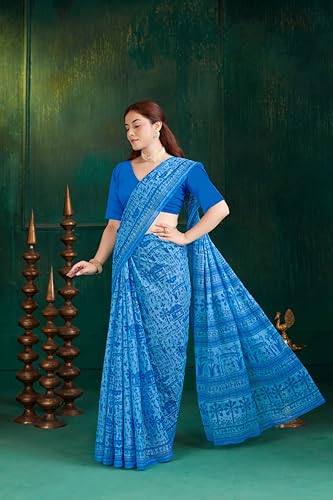 Image of TAMAIRA FASHION Off White Mulmul Pure Cotton Saree For Woman Warli Printed|Office Wear Daily Wear Sarees For Women Without Blouse Piece (Available in 21 Colours)