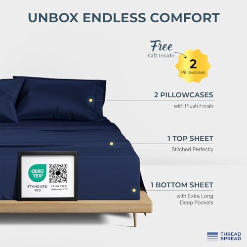 Image of THREAD SPREAD 100% Egyptian Cotton Sheets Queen Size - Luxury 1500 Series Queen Sheet Set Egyptian Cotton (4 PC, Navy Blue), Silky Soft, Sateen Weave, Cooling & Breathable, 17 inch Deep Pocket Bed Set