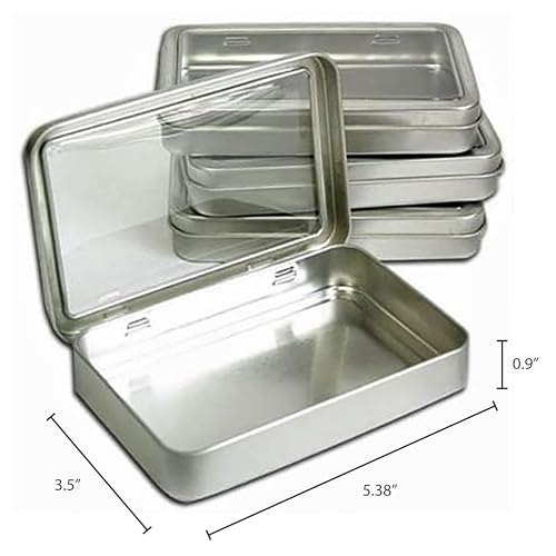 Image of Clear Top Metal Tin Box 7oz Plain Silver Hinged Blank Storage Case, Crafts, Survival Kit Tins 5.5 inchx3.5 inch (4X)
