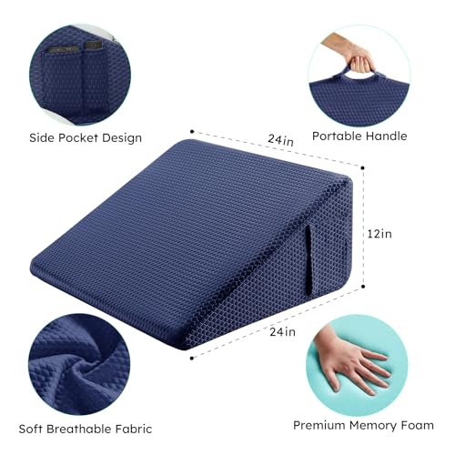 Image of Bedluxe Wedge Pillow, 12 inch Bed Wedge Pillow for Headboard, Pillow Wedge for Acid Reflux Relief, Sleeping, After Surgery, Snoring, Gerd, Triangle Pillow Wedge - Cooling Memory Foam Top, Navy
