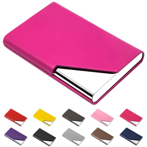 Image of Padike Business Card Holder, Upgraded Leather Business Card Case Pocket Card Holders for Men or Women, Metal Slim Name Card Holder RFID Blocking Business Card Carrier with Magnetic Closure (Rose red)