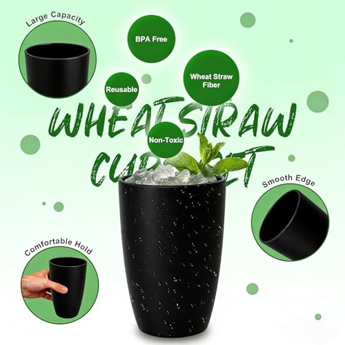 Image of 6PCS Wheat Straw Cups, 20 OZ Reusable Black Plastic Cups for Party | Lightweight & Unbreakable Cups for Lemonade & Soda - Plastic Cups for Pool Party