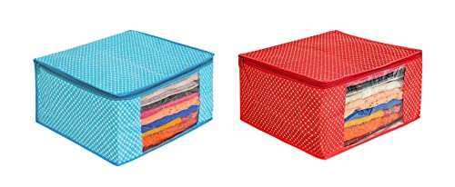 Image of Dress Bag|Purple Saree|Cotton Saree Cover Closet Orgnizer /Saree Bags for Wardrobe Orgnizer Clothe Covers |Saree Cover Cotton Bag|Organizer Bag Clothe (Pack of 2, SkyBlue + Red)