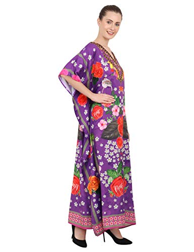 Image of Miss Lavish London Purple Floral Kaftan Dress for Women V Neck Batwing Sleeve Maxi Beach Cover Up, Ethnic Rose Print Plus Size Caftan with Side Slits&Pockets, Resort Wear Swimsuit Coverup-Purple-XL