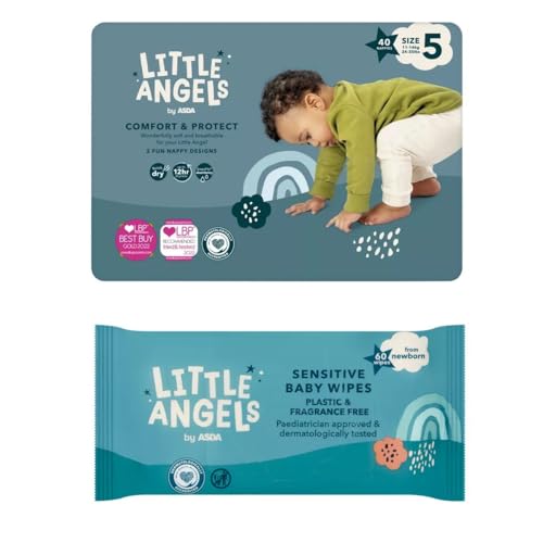 Little Angels Size 5 Nappies 40 Pack + 60 Fragrance Free Baby Wipes