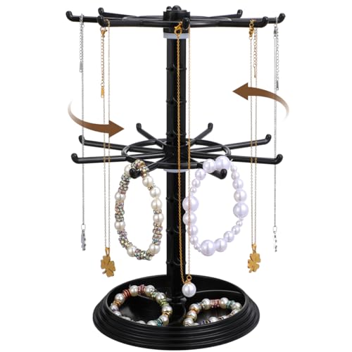 Image of IMIKEYA 2 Tier Rotating Jewelry Display Stand Black Small Metal Necklaces Holder Jewelry Tree Stand Organizer Racks for Keychain, Bracelets, Earrings, Rings