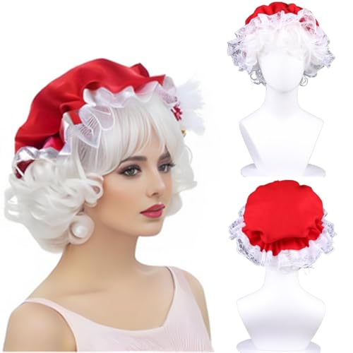 COSPLAZA Clear White Short Curls Wig Mrs Claus 100 Days of School Old Lady Women Granny Cosplay Costume Wig + Red Hat