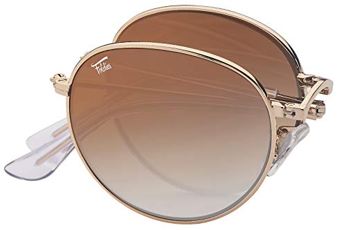 Foldies Polarized Folding Sunglasses โ Scratch Resistant Lens Coating โ Collapsible Frame โ Premium Leather Case โ Stylish with an Easy to Carry Twist โ Round (Gold Frame - Gradient Brown Lenses)