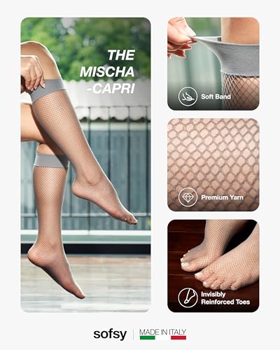 Image of sofsy Italian-Made Soft Fishnet Stockings for Women | 10-Year Hosiery Craftsmanship, Soft Dual Silicone Lace Top, Thigh Highs, Small Grid, Dig-Free, Stretchy