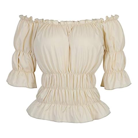 Women Renaissance Blouse Victorian Steampunk Pirate Shirt Off Shoulder Short Sleeve Smocked Blouse Tops Beige 2X-Large Cover