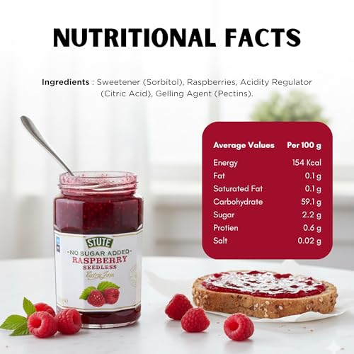 Image of Stute Raspberry Jam 430g, No Sugar Added, 90% Less Sugar & 30% Less Calories, Diabetic Friendly, Imported from UK