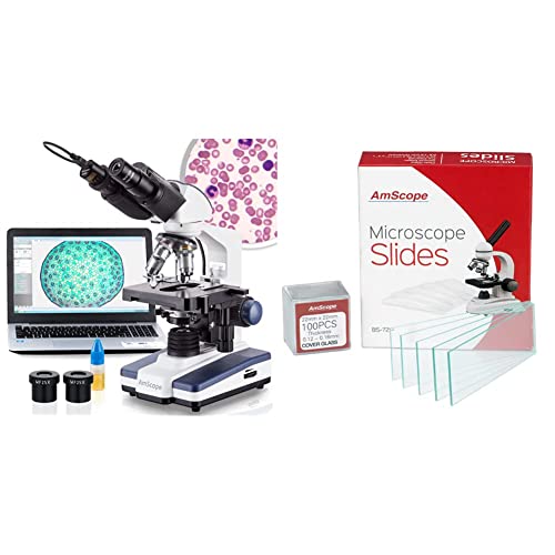 AmScope B120C-E1 40X-2500X LED Biological Binocular Compound Microscope & BS-72P-100S-22 72 Pieces of Pre-Cleaned Blank Microscope Slides and 100 Pieces of 22x22mm Square Coverslips Cover Glass