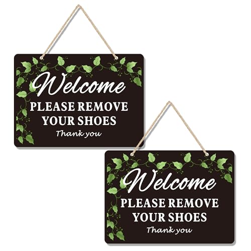 2 Pack Please Remove Your Shoes Front Door Signs - Aluminum Welcome Take Off Your Shoe Sign for Home with Hanging Rope - No Shoe Signs for House Weatherproof and Easy to Install (10x7 IN Black)