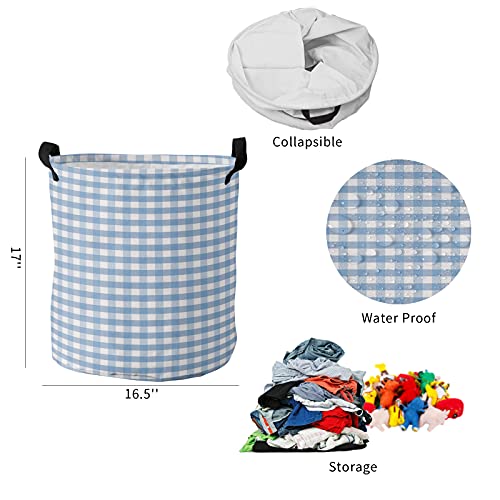 Laundry Baskets With Handles, Buffalo Check Plaid Waterproof Freestanding Laundry Hamper, Round Collapsible Hampers For Bedroom, Laundry, Clothes, Toys, Gingham Blue, 16.5X17Inch #TOP4