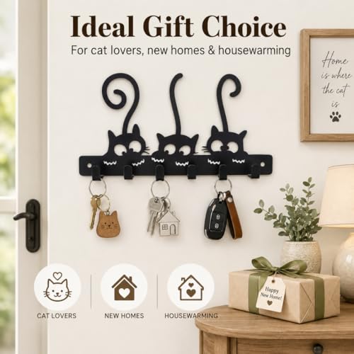 Image of Key Holder for Home Decor Stylish, Metal Cat Wall Mount with 6 Rustproof Hooks, Key Hanger for Wall, Matte Black Keys Stand, Decorative Home Organizer