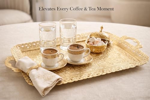 Turkish Vintage Style Entertaining Tray - |15.4” x 10.2”Multi-Purpose, Non-Tarnishing, Zamak Alloy, Decorative Ottoman Style - Rectangular Serving Tray for Coffee & Beverages (Gold) by PARK & OZ - Image 2