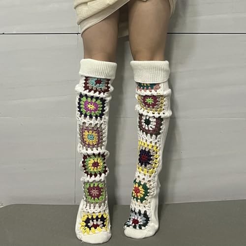 Honganda Women's Cable Knit Thigh Socks Ethnic Floral Crochet Knit Over Knee High Stockings Tube Leg Warmers Boot Socks4