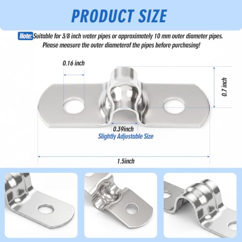 Image of Yaocom 100 Pcs 3 /8 Inch Opening Pipe Strap 304 Stainless Steel Conduit Clamp Reinforced Rigid 2 Hole U Bracket for Pipe Fixing on Various Surfaces