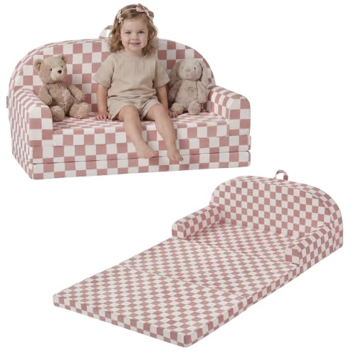 Image of Blissful Diary Foldable Kids Couch, Extra Wide Kids Sofa Chair, Blush Check