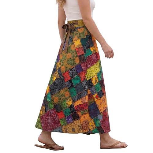 Image of Agan Boho Maxi Wrap Skirt for Women, Tie Dye Cotton Long Flowy Summer Skirt