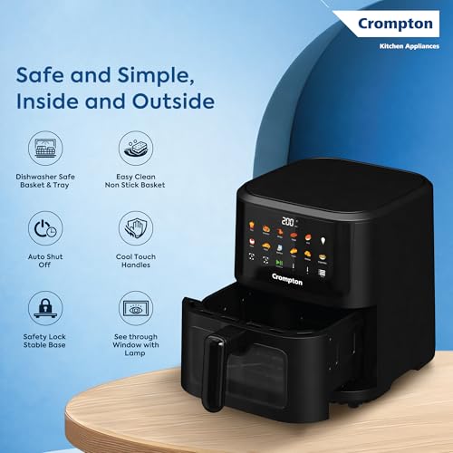 Image of Crompton Ameo Pro 5.5L Air Fryer with Even Heating, Pro Heating Bowl, Instapeek See through Window for Live Cooking View, Silentpro - Low Noise Technology, Nutriguard for Nutrient Retention