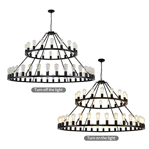 Wogon Weel Wagon Wheel Chandelier 2 Tier 54-Light 60-Inch, Farmhouse Industrial Chandelier Black Rustic Pendant Light Fixture Extra Large For High Ceilings, Living Room Foyer #TOP5