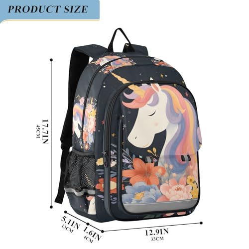 Bolaz Kids' School Backpack with Safety Reflectors Strip,Great for Boys & Girls Ages 6–12,Unicorns with Rainbow Manes Flowers and Stars2