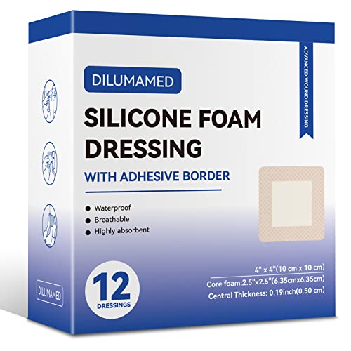 DILUMAMED [Pack of 12] Silicone Foam Wound Dressing 4"X4" Waterproof Adhesive Border High Absorption Bed Sore Bandages for Pressure Sore, Leg Ulcer, Diabetic Foot Wound Care