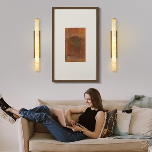 Image of Brass Alabaster Wall Sconces, Spanish Natural Marble Wall Sconce, 36 inch Long Stone Wall Sconce Dimmable, Gold Alabaster Sconces Wall Lighting Indoor, Marble Wall Light for Bathroom, Living Room, 1PC