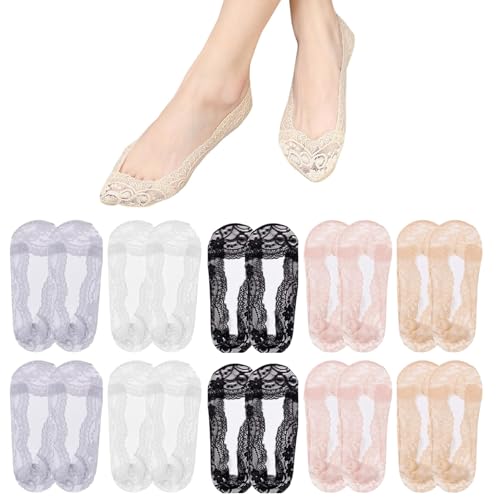 SNONESIY Spitzen Socken Damen 10 Paar Damen Ballerina Füßlinge,Unsichtbare Füßlinge Baumwolle Atmungsaktiv Spitze Socken,für High Heels und Sneakers,Low-Cut-Schuhe(Mehrfarbig)